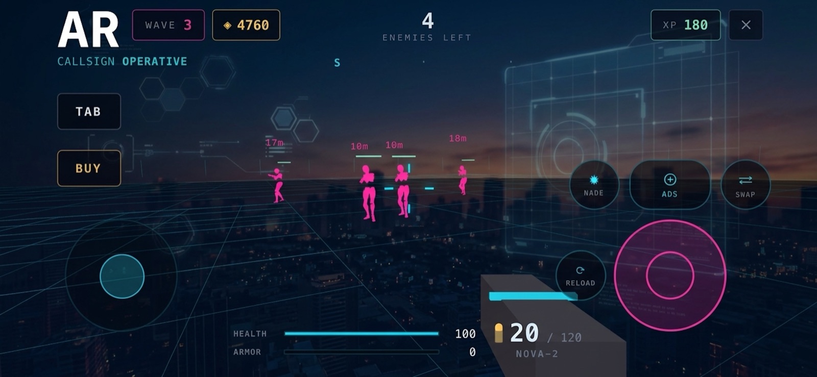 Wave 3 in progress — enemies tagged with live distance markers across the room