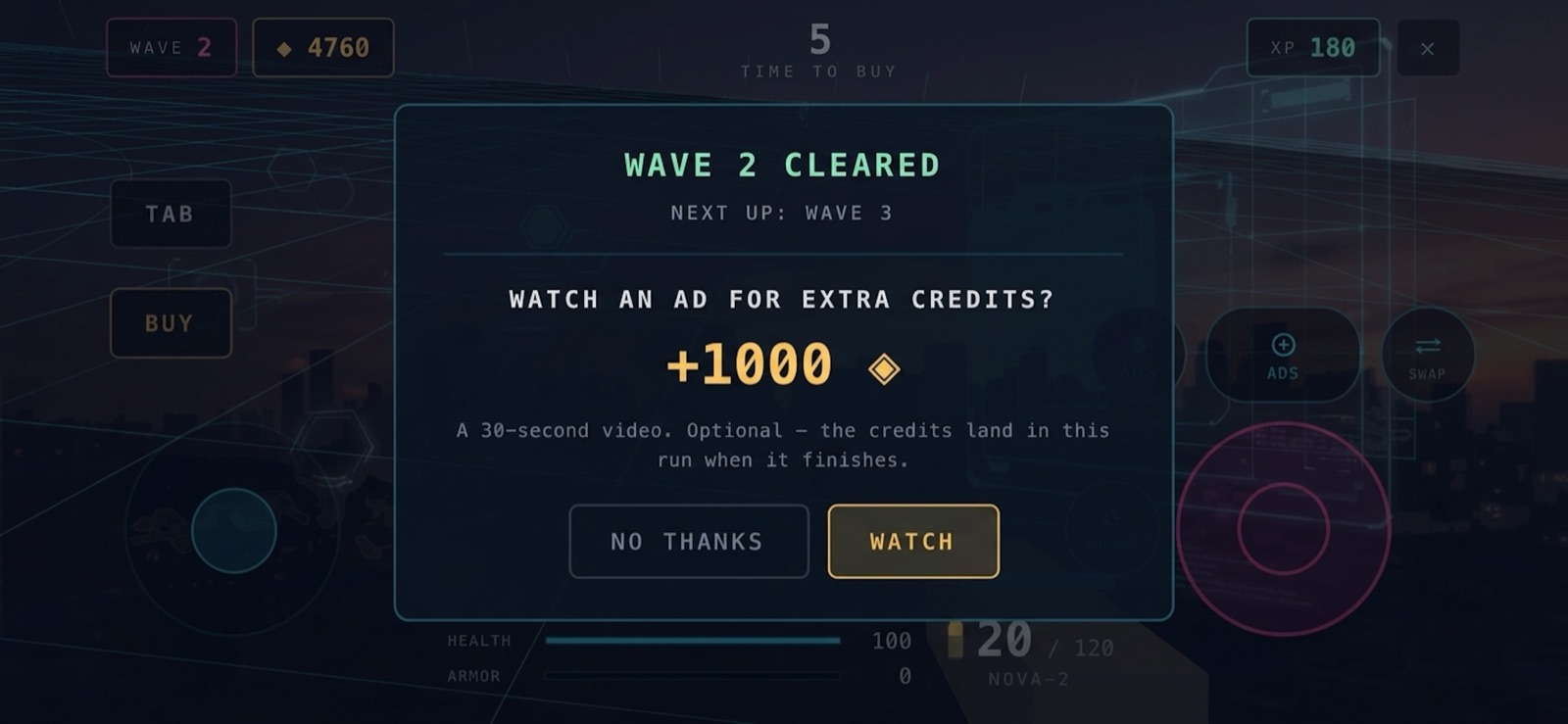 Optional rewarded video between waves for extra credits