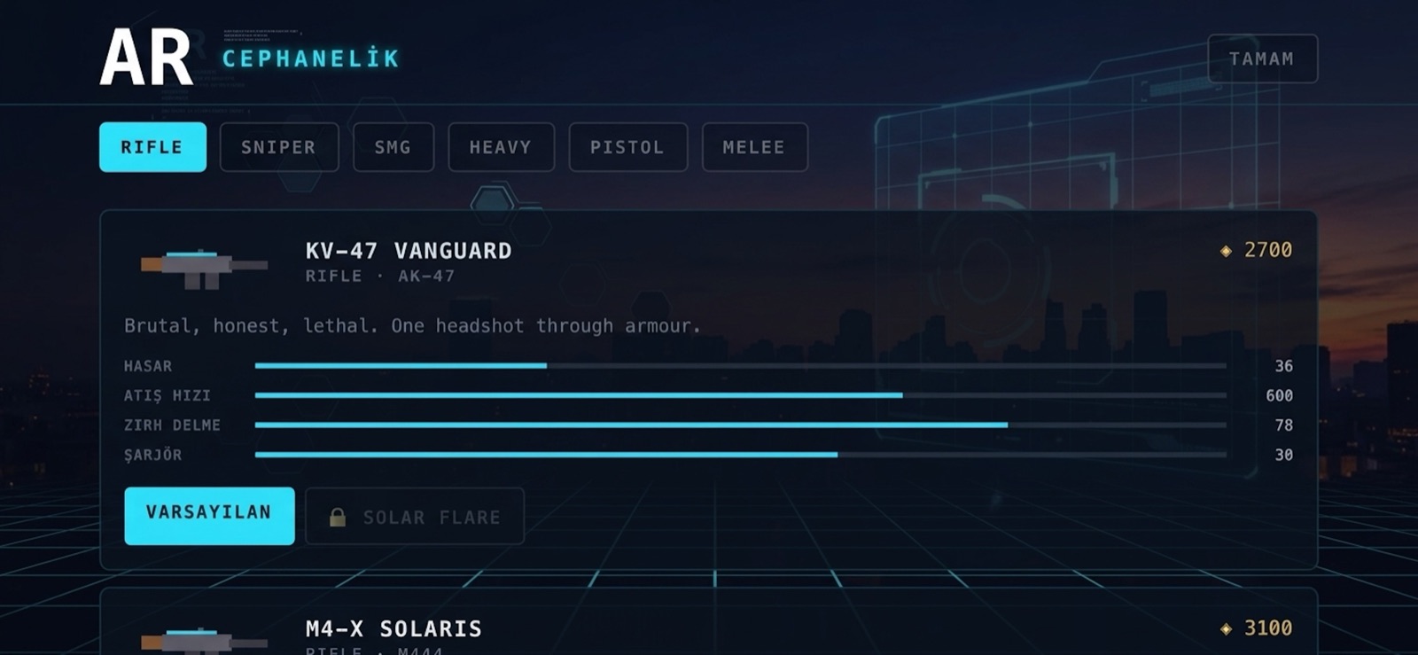 The arsenal — rifles, snipers, SMGs, heavies, pistols and melee with full stat lines