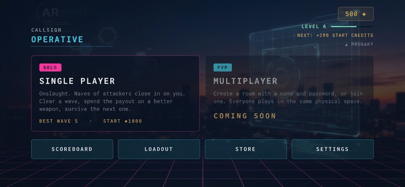 Main menu with solo onslaught, loadout, scoreboard and multiplayer coming soon